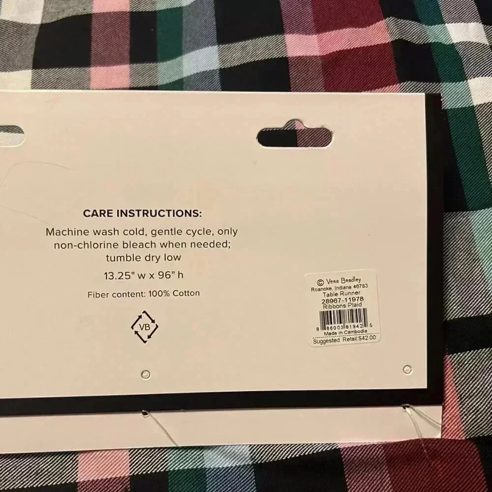 NEW Vera Bradley Reversible Fall Ribbons Plaid Table Runner 13.25